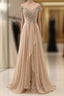 Champagne Chiffon Off The Shoulder Pleats Formal Prom Dresses With Crystal
