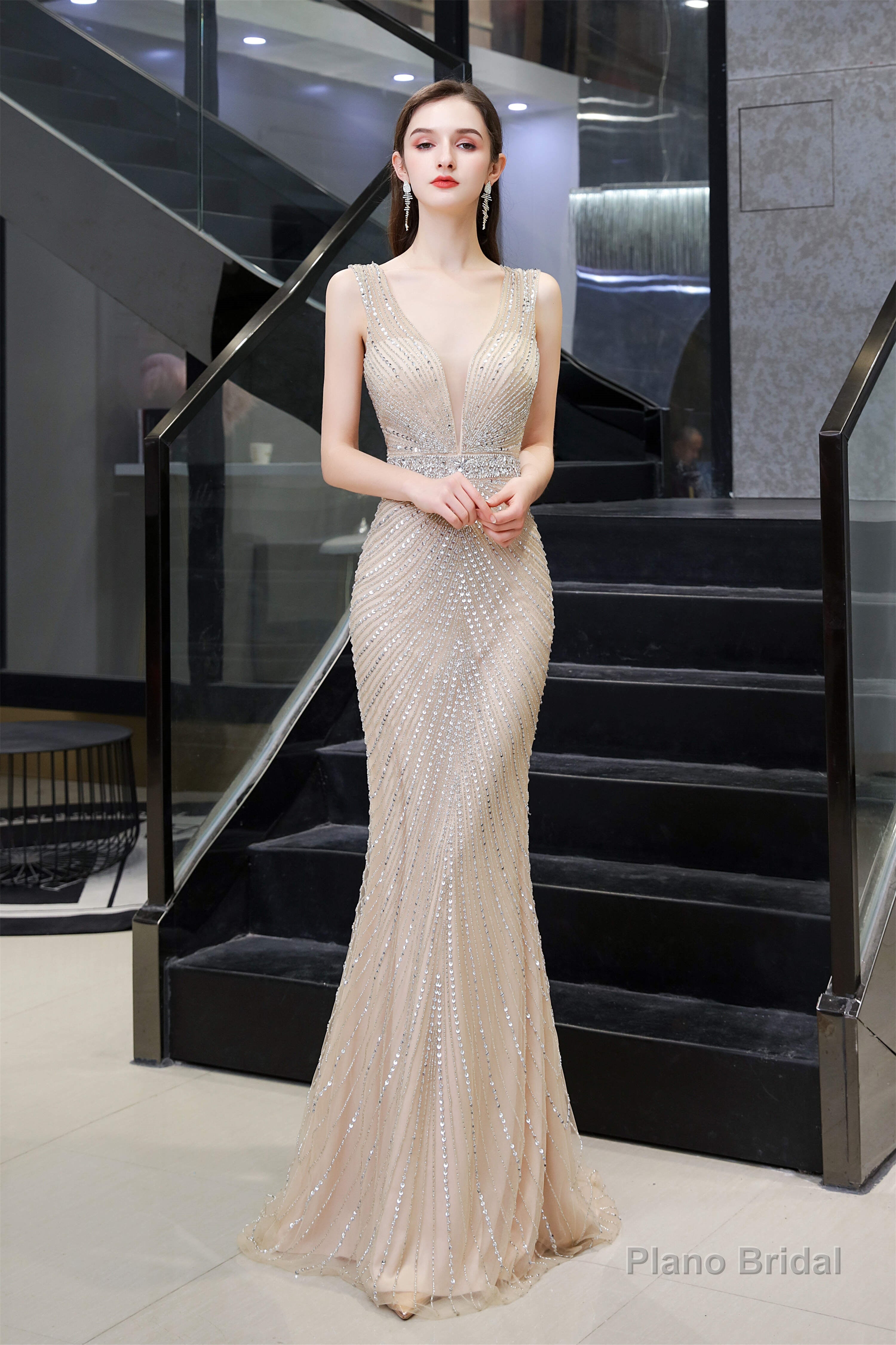 Deep V neck Backless Full of Bead Sequined Mermaid Long Prom Dresses Secondary image