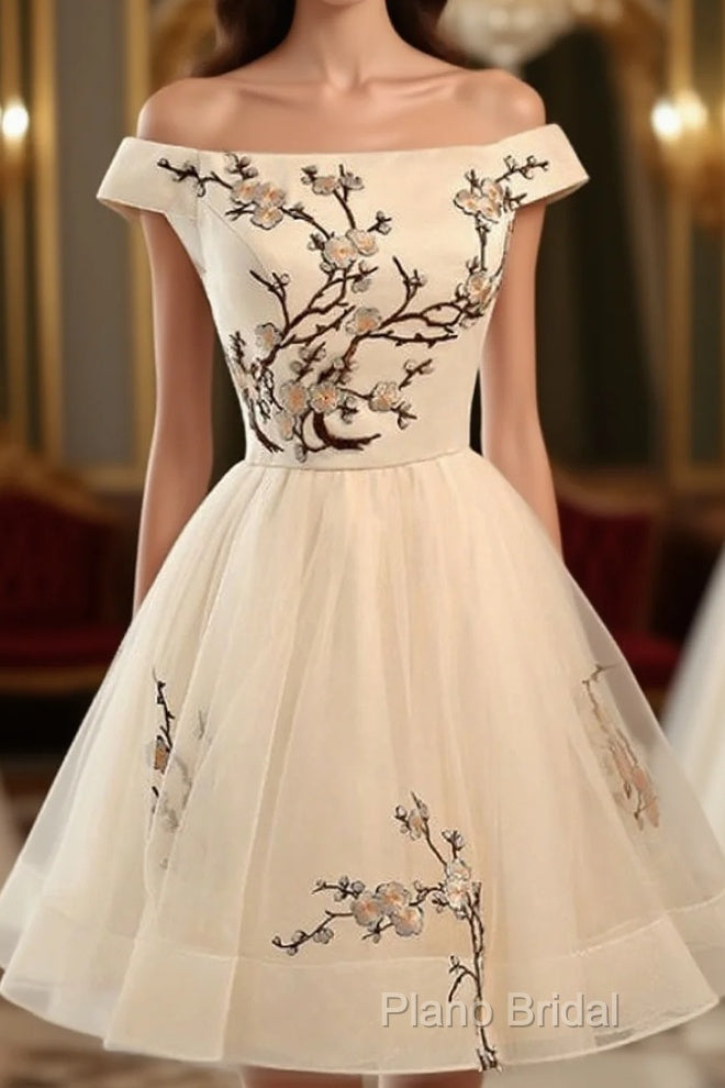 Champagne Embroidery Homecoming Dresses,Tulle Short Party Dresses Main image