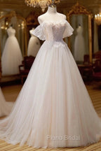 Champagne Floor Length Lace Long Formal Prom Dresses, Off the Shoulder Evening Dresses