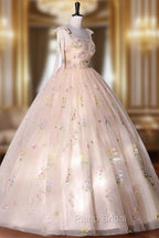 Champagne Floral Tulle Straps Sweetheart Long Party Dresses, Ball Gown Sweet 16 Dresses