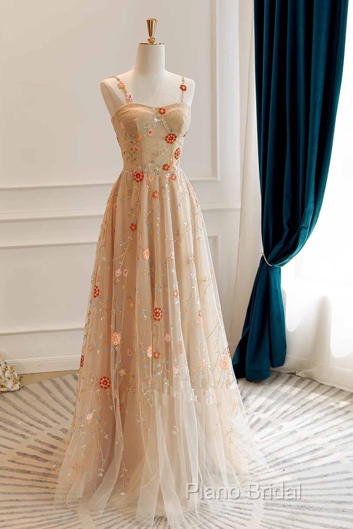 Champagne Floral Tulle Straps Sweetheart Wedding Party Dresses, A-Line Tulle Long Formal Prom Dresses