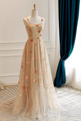 Champagne Floral Tulle Straps Sweetheart Wedding Party Dresses, A-Line Tulle Long Formal Prom Dresses