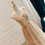 Champagne Floral Tulle Straps Sweetheart Wedding Party Dresses, A-Line Tulle Long Formal Prom Dresses