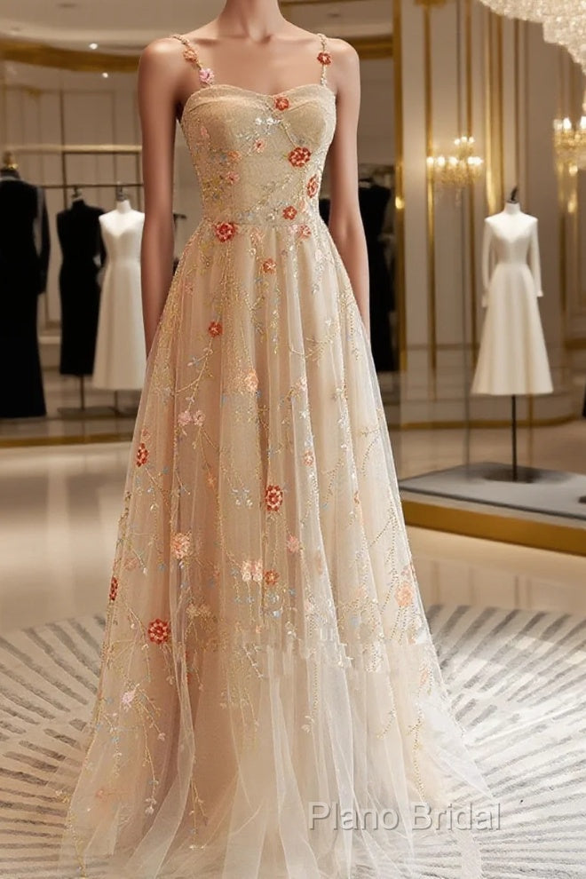 Champagne Floral Tulle Straps Sweetheart Wedding Party Dresses, A-Line Tulle Long Formal Prom Dresses Main image