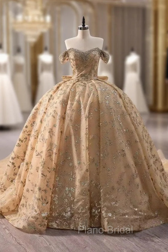 Champagne Gold Ball Gown Tulle Sequins Beading Formal Prom Dresses