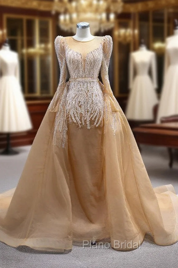 Champagne Gold Long Sleeve Beading Formal Prom Dresses
