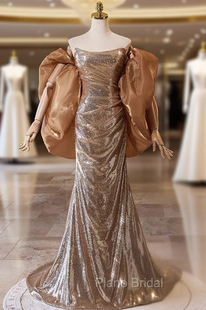 Champagne Gold Mermaid Sequins Strapless Pleats Formal Prom Dresses Main image