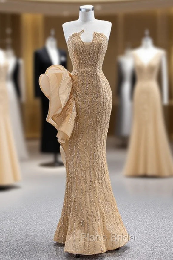 Champagne Gold Mermaid Sequins Strapless Formal Prom Dresses Main image