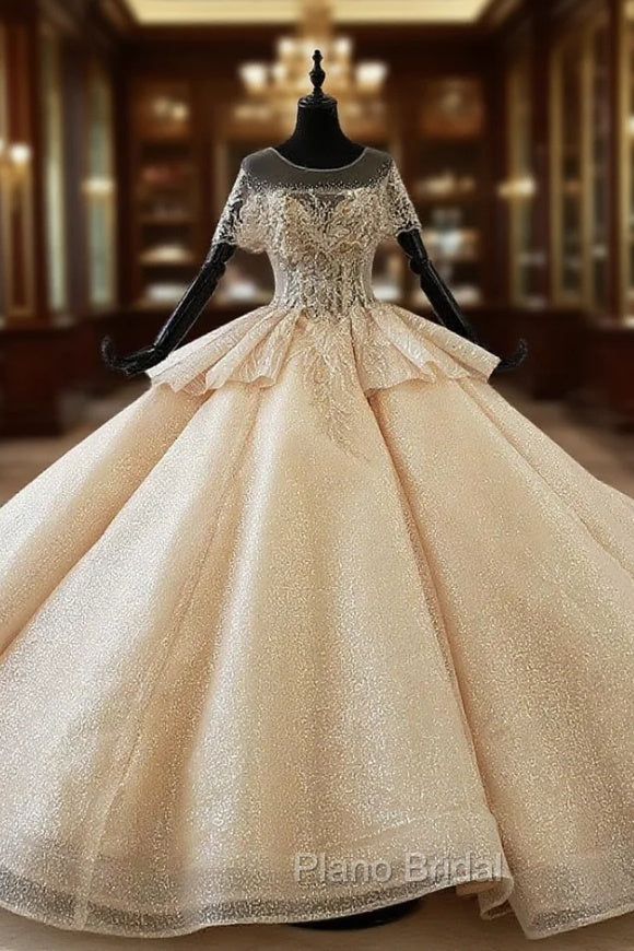 Champagne Gold Tulle Seuqins Backless Beading Wedding Dresses Main image