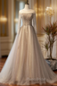 Champagne Gray Tulle Long Sleeve Beading Formal Prom Dresses
