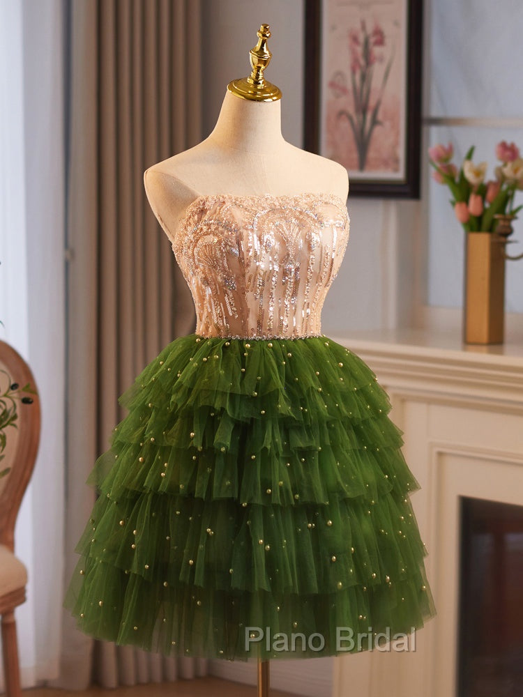 Champagne/Green Tulle Lace Short Formal Prom Dresses, Cute Homecoming Dresses