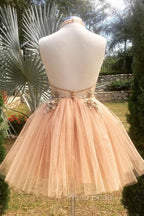 Champagne High Neck Tulle Lace Short Formal Prom Dresses Tulle Formal Dresses