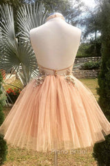 Champagne High Neck Tulle Lace Short Formal Prom Dresses Tulle Formal Dresses