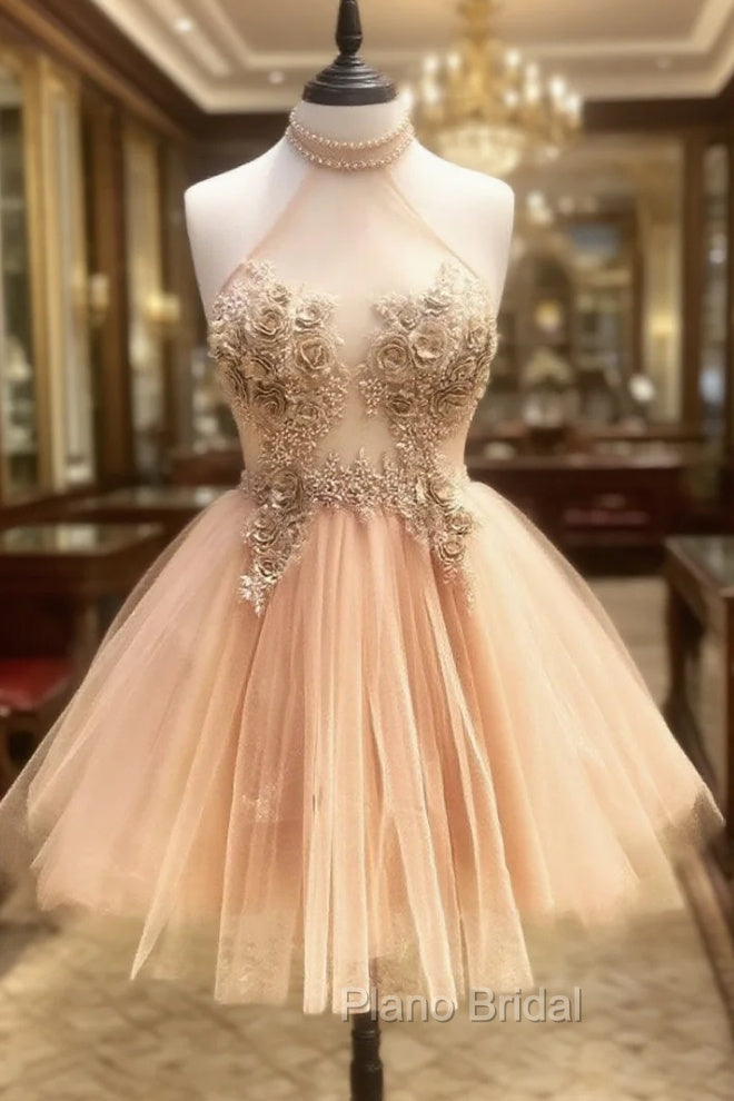 Champagne High Neck Tulle Lace Short Formal Prom Dresses Tulle Formal Dresses