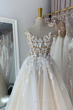 Champagne Lace Long A-Line Formal Prom Dresses, Strapless Evening Dresses