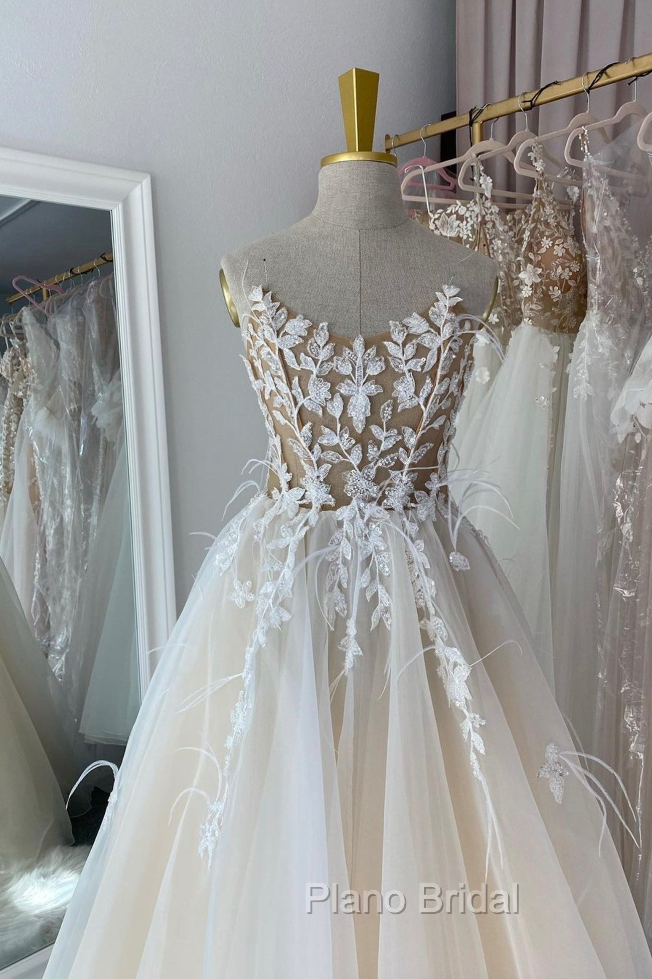 Champagne Lace Long A-Line Formal Prom Dresses, Strapless Evening Dresses