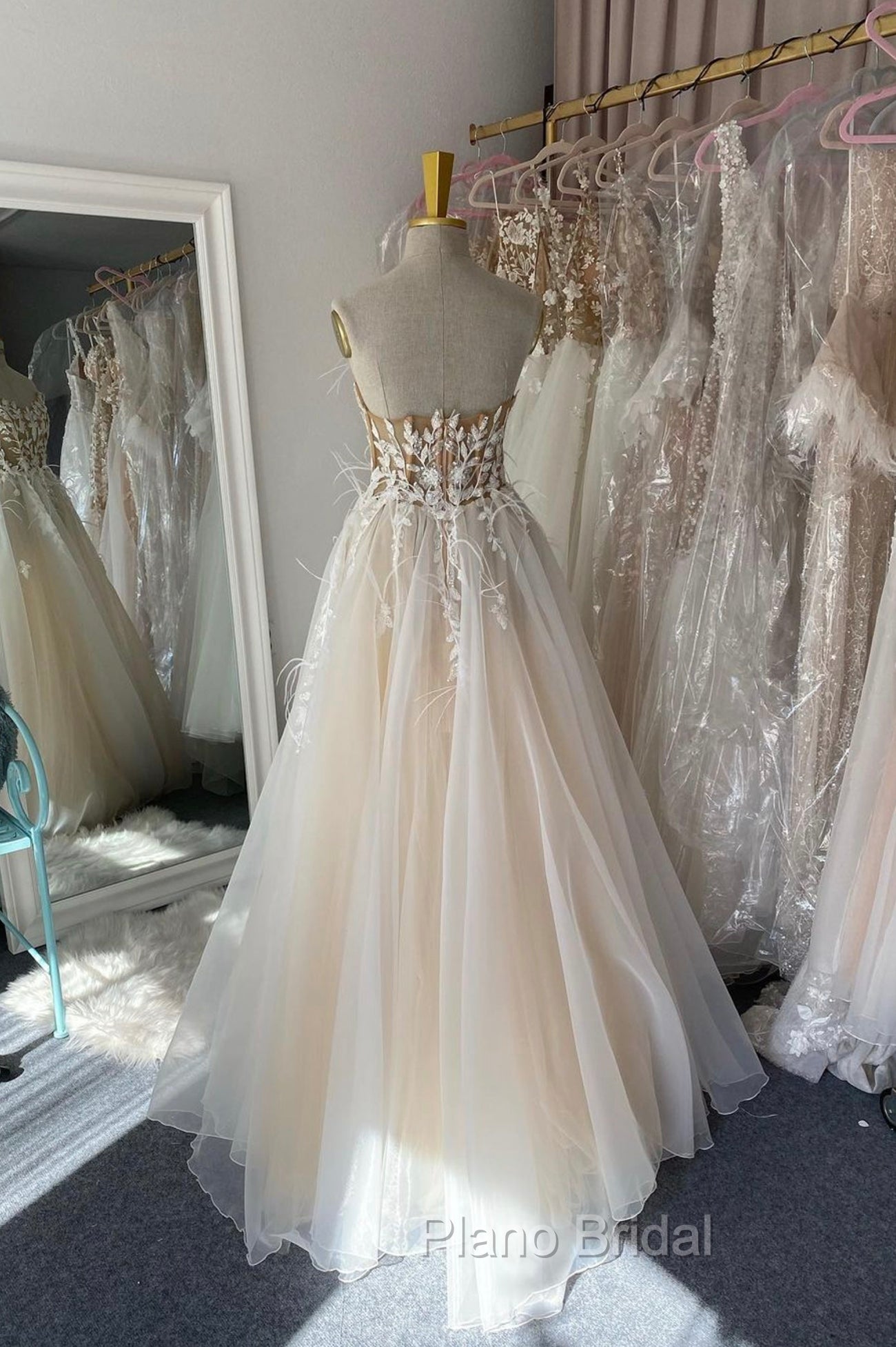 Champagne Lace Long A-Line Formal Prom Dresses, Strapless Evening Dresses Secondary image