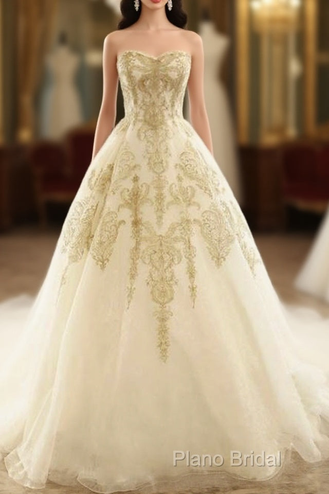 Champagne Lace Long Wedding Dresses, Champagne Bridal Dresses, Champagne Lace Wedding Formal Prom Gown Main image