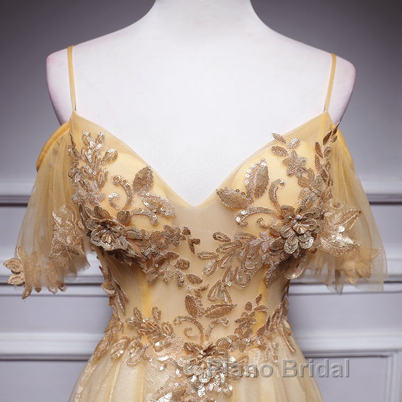 Champagne Lace Off Shoulder Long Party Dresses , Cute Tulle Formal Dresses Formal Prom Dresses