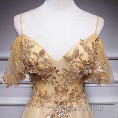 Champagne Lace Off Shoulder Long Party Dresses , Cute Tulle Formal Dresses Formal Prom Dresses