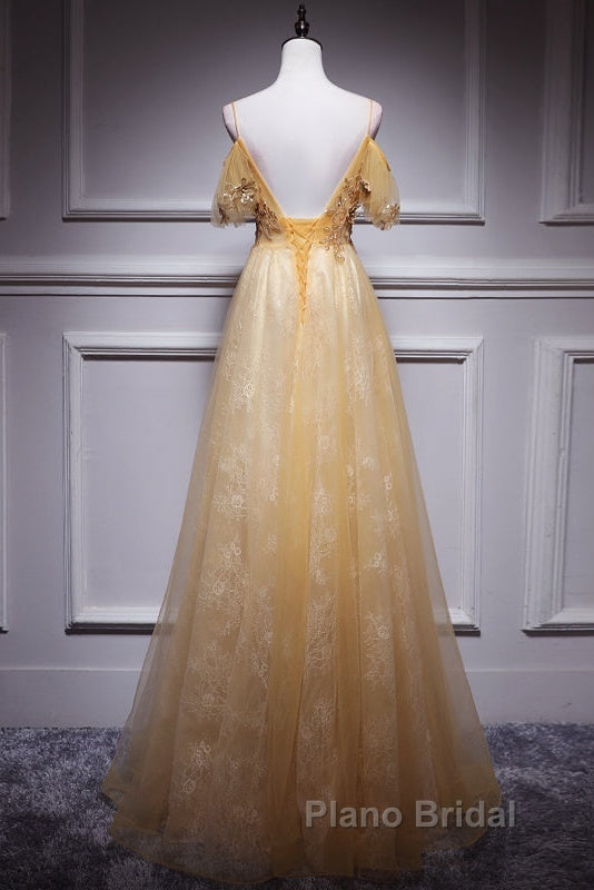 Champagne Lace Off Shoulder Long Party Dresses , Cute Tulle Formal Dresses Formal Prom Dresses