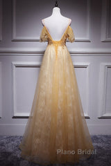 Champagne Lace Off Shoulder Long Party Dresses , Cute Tulle Formal Dresses Formal Prom Dresses