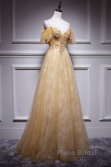 Champagne Lace Off Shoulder Long Party Dresses , Cute Tulle Formal Dresses Formal Prom Dresses