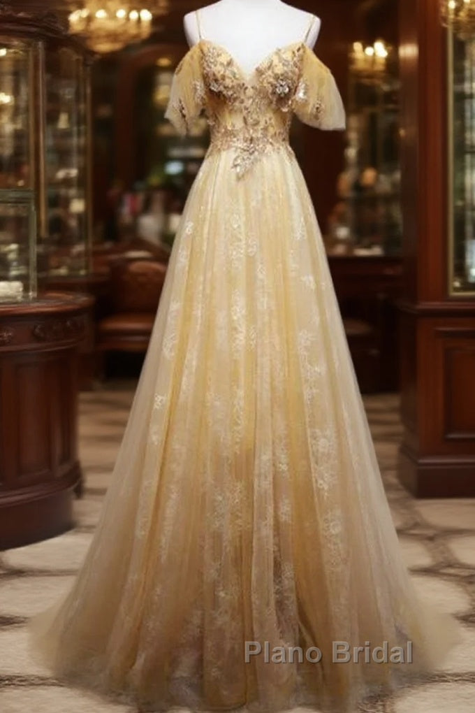 Champagne Lace Off Shoulder Long Party Dresses , Cute Tulle Formal Dresses Formal Prom Dresses Main image