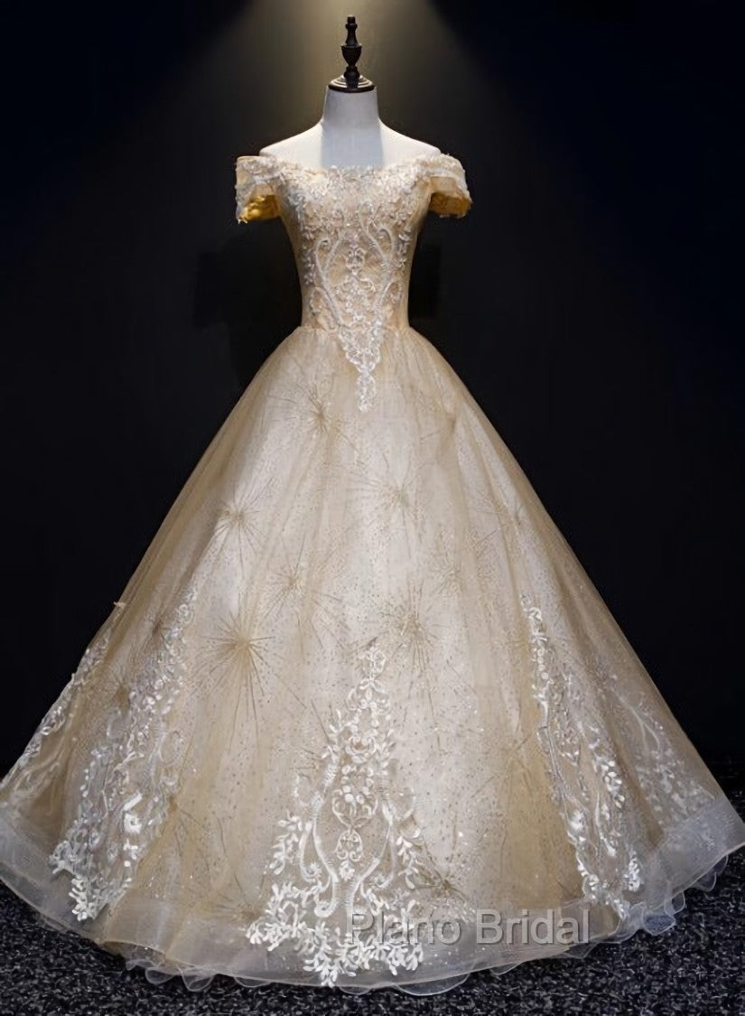 Champagne Lace Off Shoulder Party Dresses, Ball Gown Tulle Evening Dresses Formal Dresses