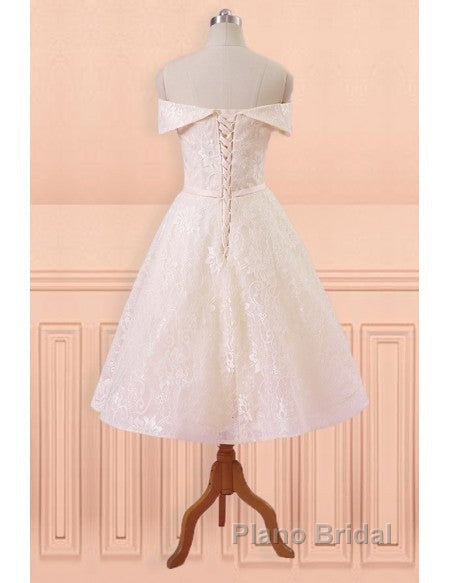 Champagne Lace Off Shoulder Tea Length Wedding Dresses With Sash Secondary image