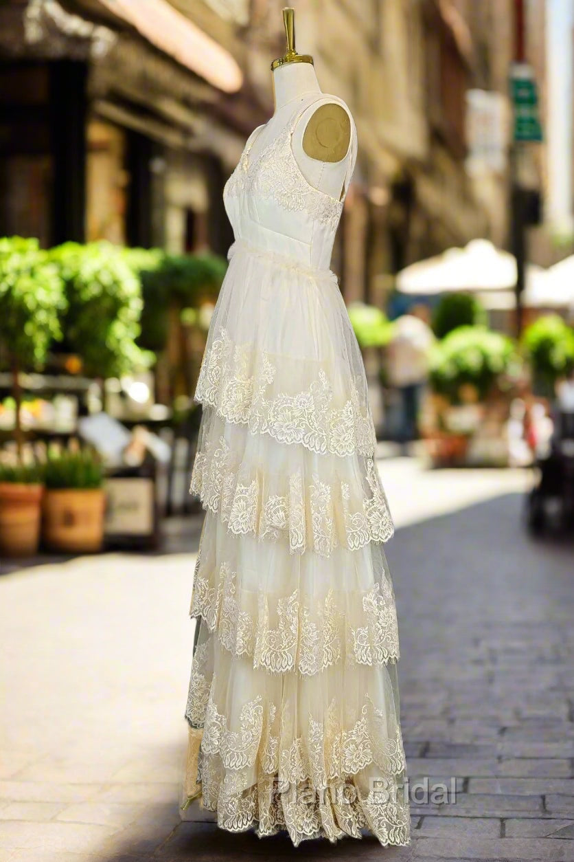 Champagne Lace Formal Prom Dresses A-line V-neck Elegant Evening Dresses