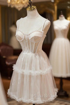 Champagne Lace Short Formal Prom Dresses, Spaghetti Straps Party Dresses with Pearl