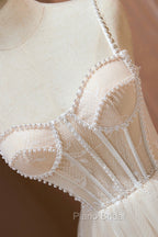 Champagne Lace Short Formal Prom Dresses, Spaghetti Straps Party Dresses with Pearl