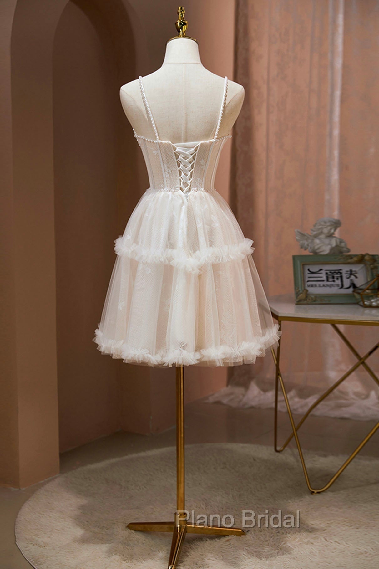 Champagne Lace Short Formal Prom Dresses, Spaghetti Straps Party Dresses with Pearl