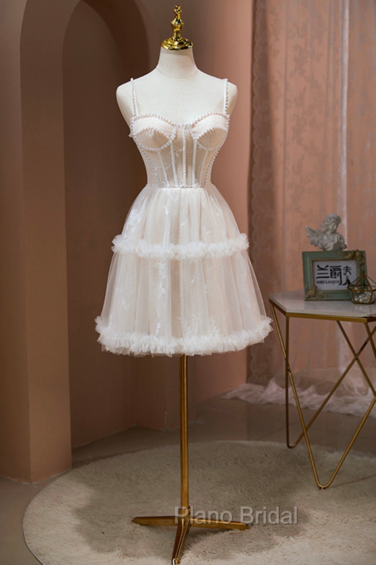 Champagne Lace Short Formal Prom Dresses, Spaghetti Straps Party Dresses with Pearl