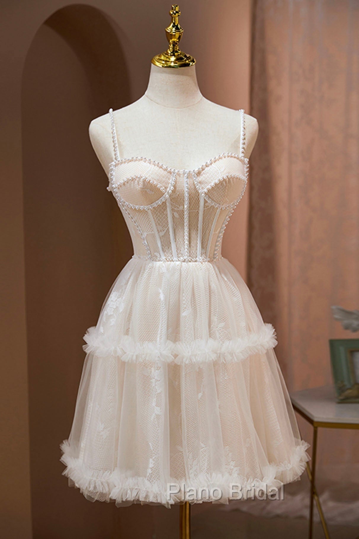 Champagne Lace Short Formal Prom Dresses, Spaghetti Straps Party Dresses with Pearl