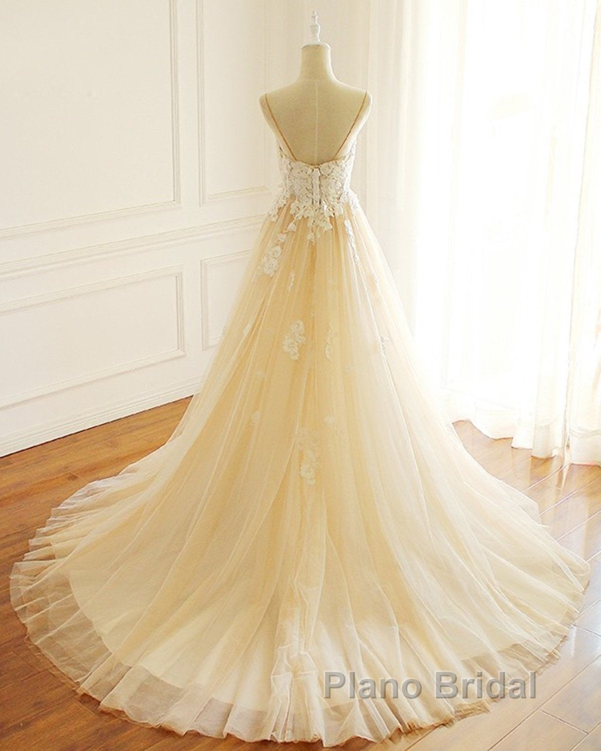 Champagne Long A-line Sweetheart Tulle Spaghetti Sweep Train Wedding Dress Secondary image