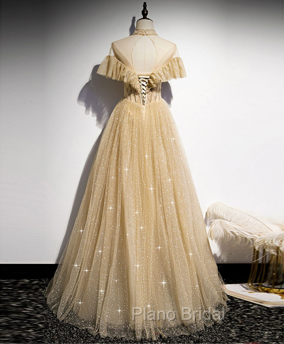 Champagne Long Formal Prom Dresses, Aline Champagne Graduation Dresses with Beading