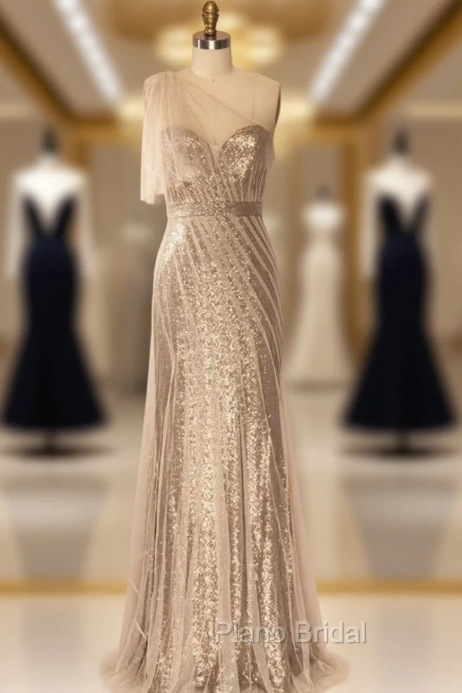 Champagne Long Sheath Evening Dresses One Shoulder Sequins Tulle Women Main image