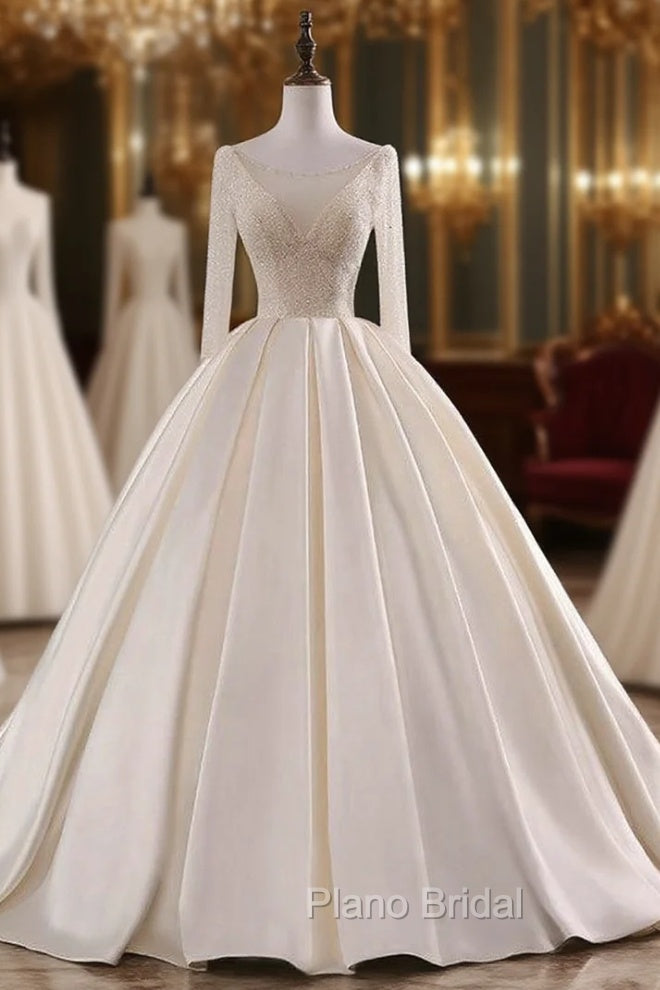 Champagne Long Sleeve Backless Satin Beading Wedding Dresses