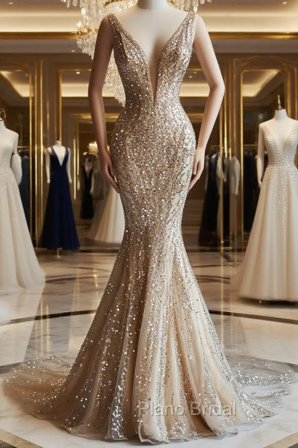 Champagne Mermaid Deep V Neck Tulle Sequin Beaded Long Formal Prom Dresses Sexy Evening Dresses Main image