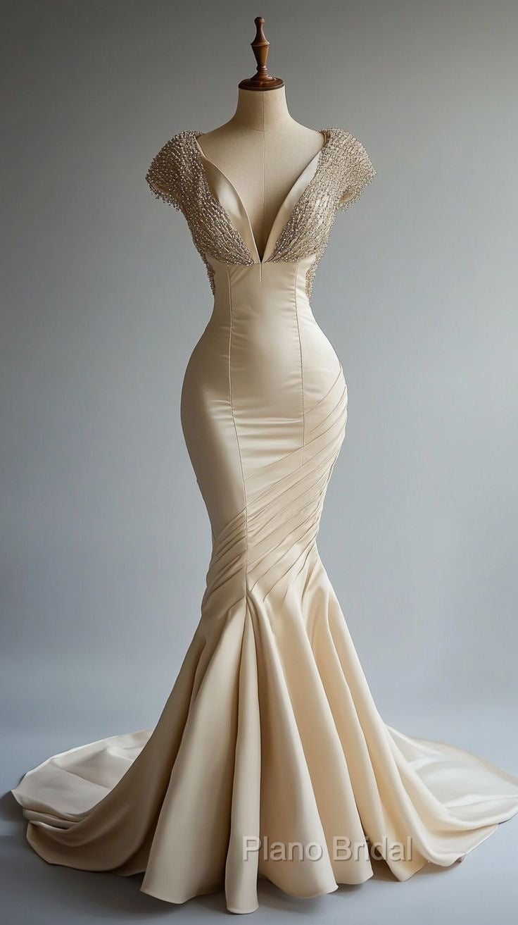 Champagne Mermaid Satin Beaded V-Neck Long Ball Dresses, Elegant Evening Dresses Secondary image