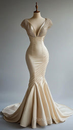 Champagne Mermaid Satin Beaded V-Neck Long Ball Dresses, Elegant Evening Dresses
