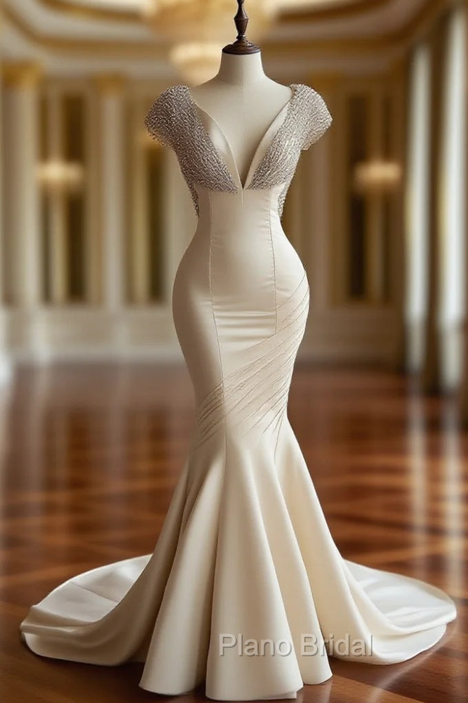 Champagne Mermaid Satin Beaded V-Neck Long Ball Dresses, Elegant Evening Dresses Main image