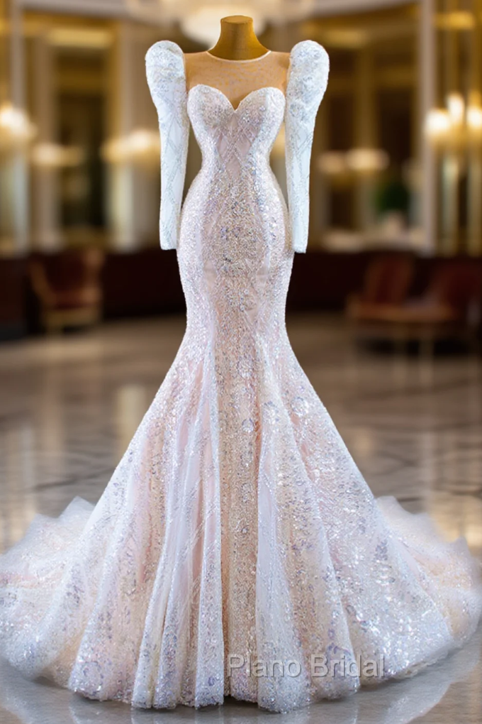 Champagne Mermaid Sequins Long Sleeve Wedding Dresses Main image