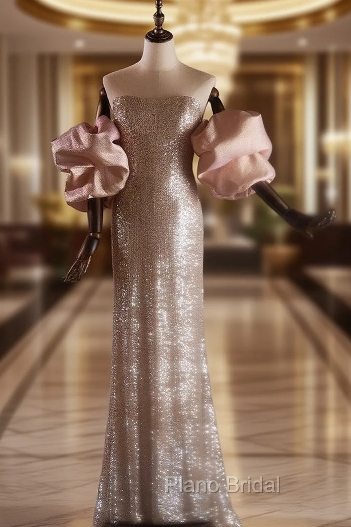 Champagne Mermaid Sequins Puff Sleeve Strapless Formal Prom Dresses Main image