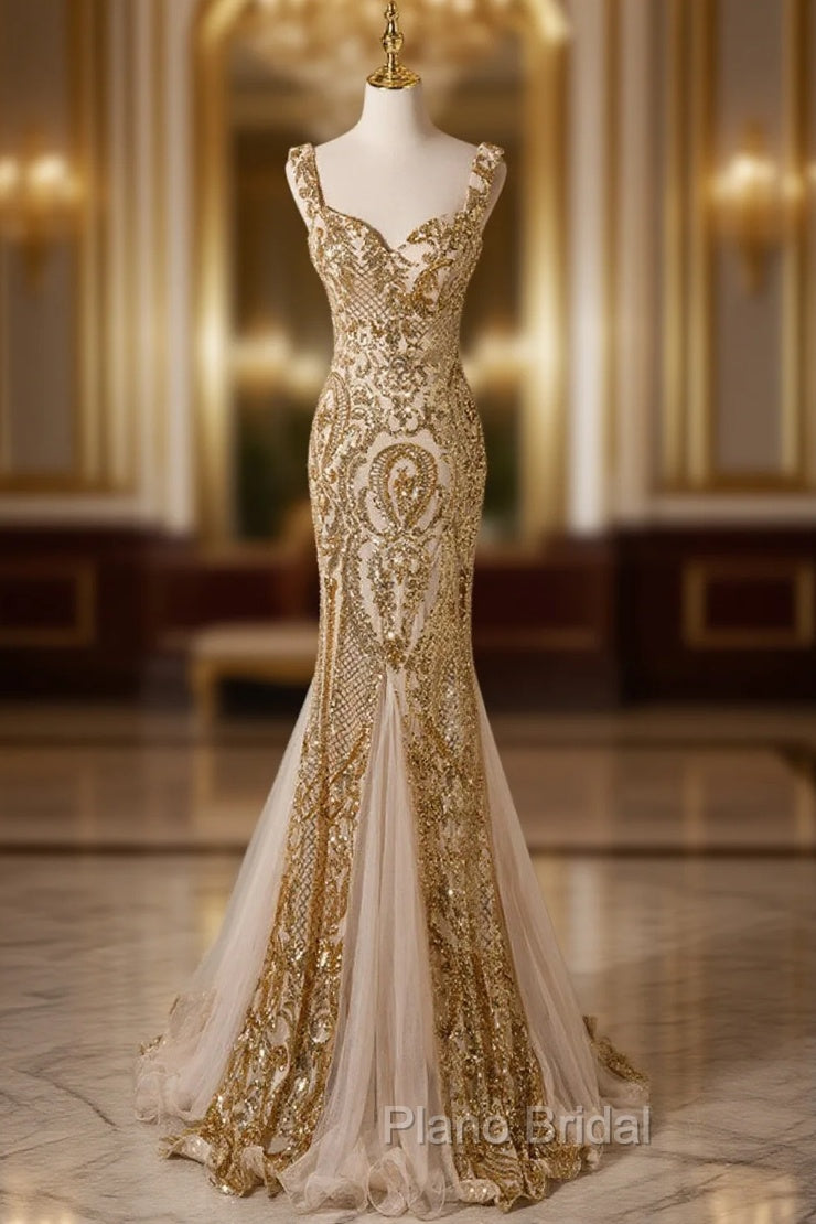 Champagne Mermaid Sequins Straps Evening Dresses, Champagne Sequins Formal Prom Dresses Main image