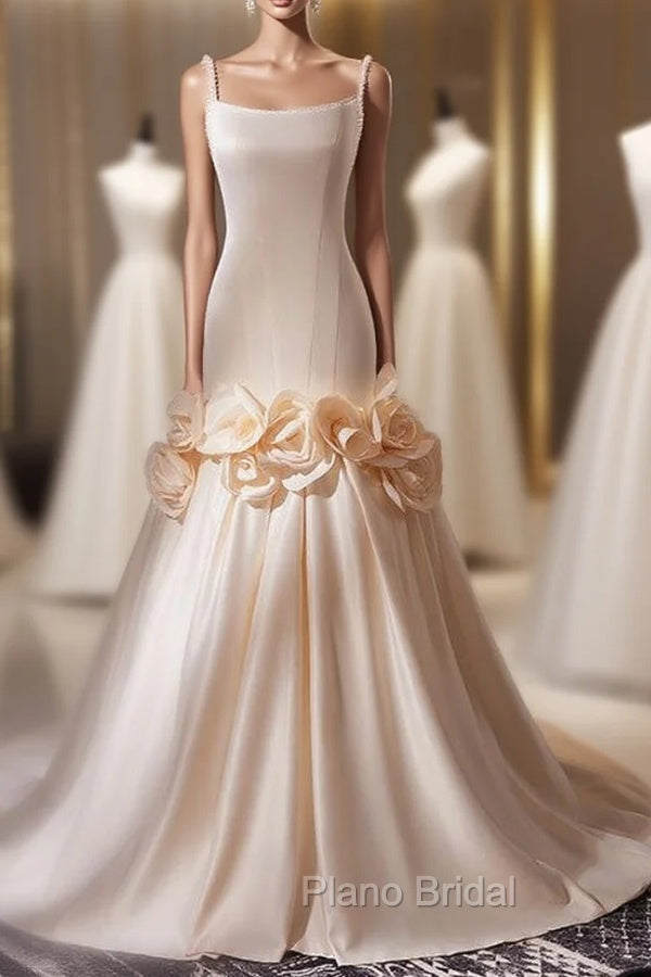 Champagne Mermaid Spaghetti Straps Pearls Flower Wedding Dresses Main image