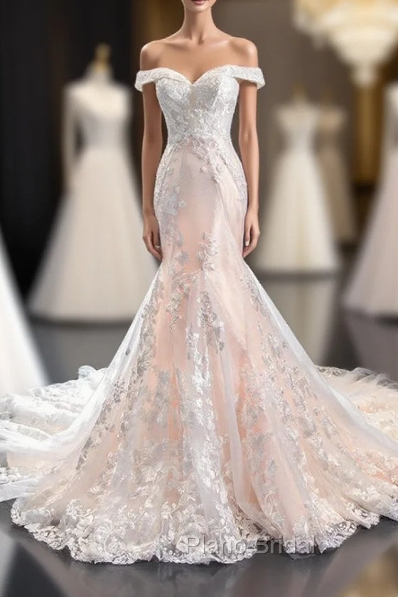 Champagne Mermaid Tulle Appliques Off the Shoulder Wedding Dresses With Train Main image
